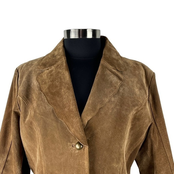 VINTAGE SUEDE LEATHER BROWN TWO BUTTON SCALLOP BLAZER JACKET COLDWATER CREEK - Picture 10 of 13
